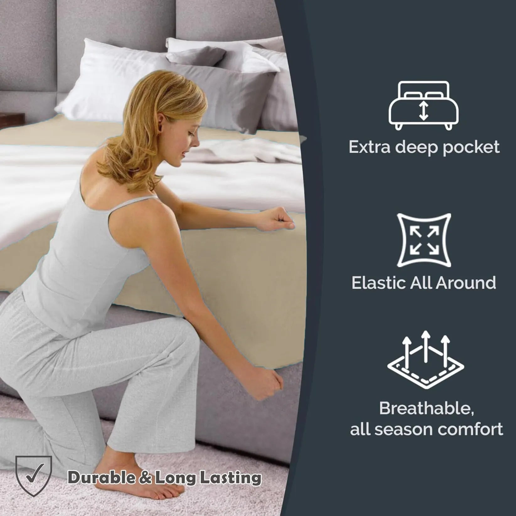 Hotel Quality Fitted Sheet - 1 Piece Fitted Sheet  -Breathable Bedding - Wrinkle, Fade, Stain Resistant- 16inch/40cm Deep Pocket Fitted Bed Sheet-Wrinkle and Fade Resistant,(Cream White,King) - Image 3