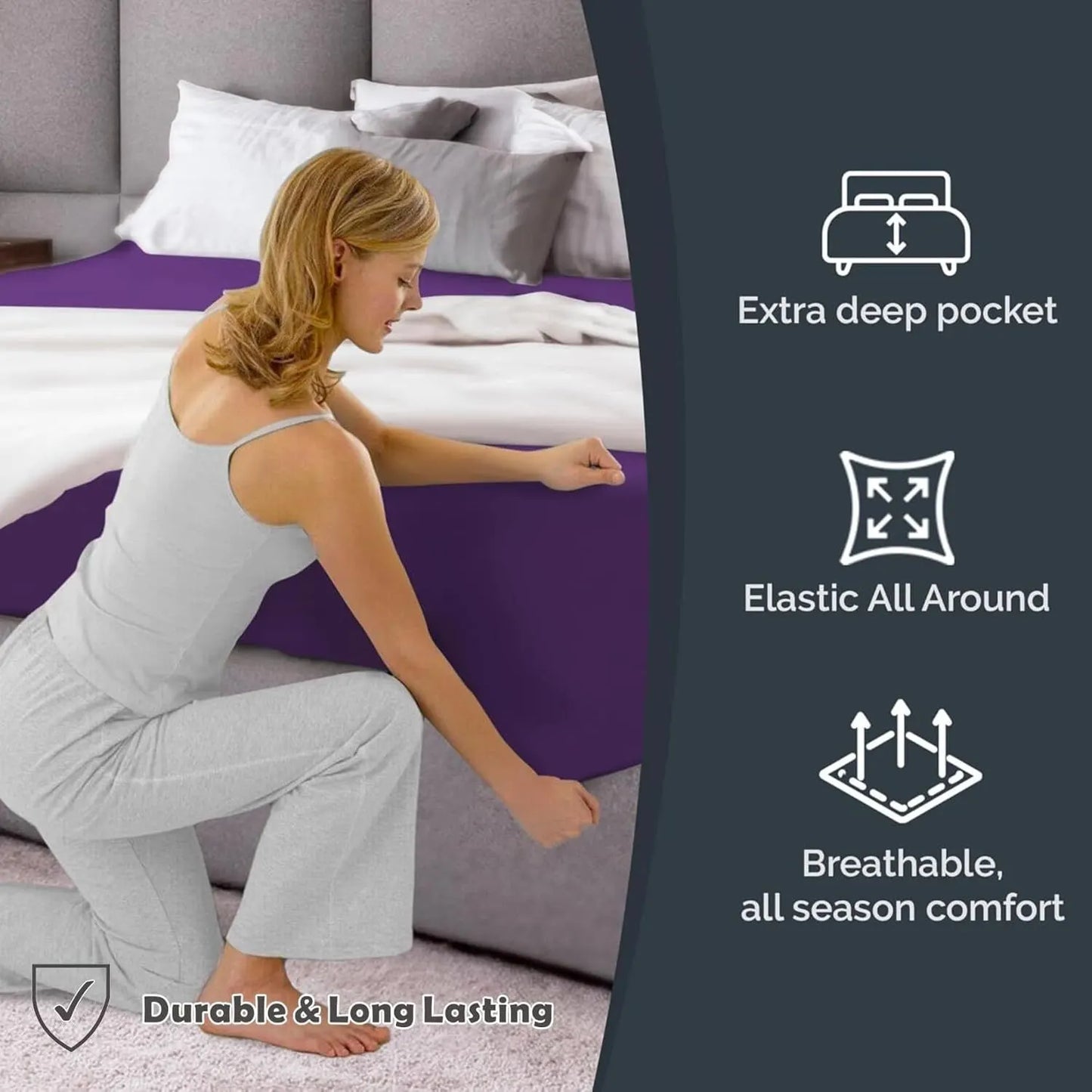 Hotel Quality Fitted Sheet - 1 Piece Fitted Sheet  -Breathable Bedding - Wrinkle, Fade, Stain Resistant- 16inch/40cm Deep Pocket Fitted Bed Sheet-Wrinkle and Fade Resistant,(Purple,King Single) - Image 4