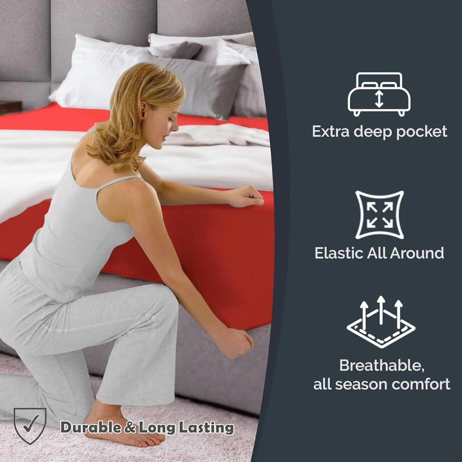 Hotel Quality Fitted Sheet - 1 Piece Fitted Sheet  -Breathable Bedding - Wrinkle, Fade, Stain Resistant- 16inch/40cm Deep Pocket Fitted Bed Sheet-Wrinkle and Fade Resistant,(Red,Single) - Image 2