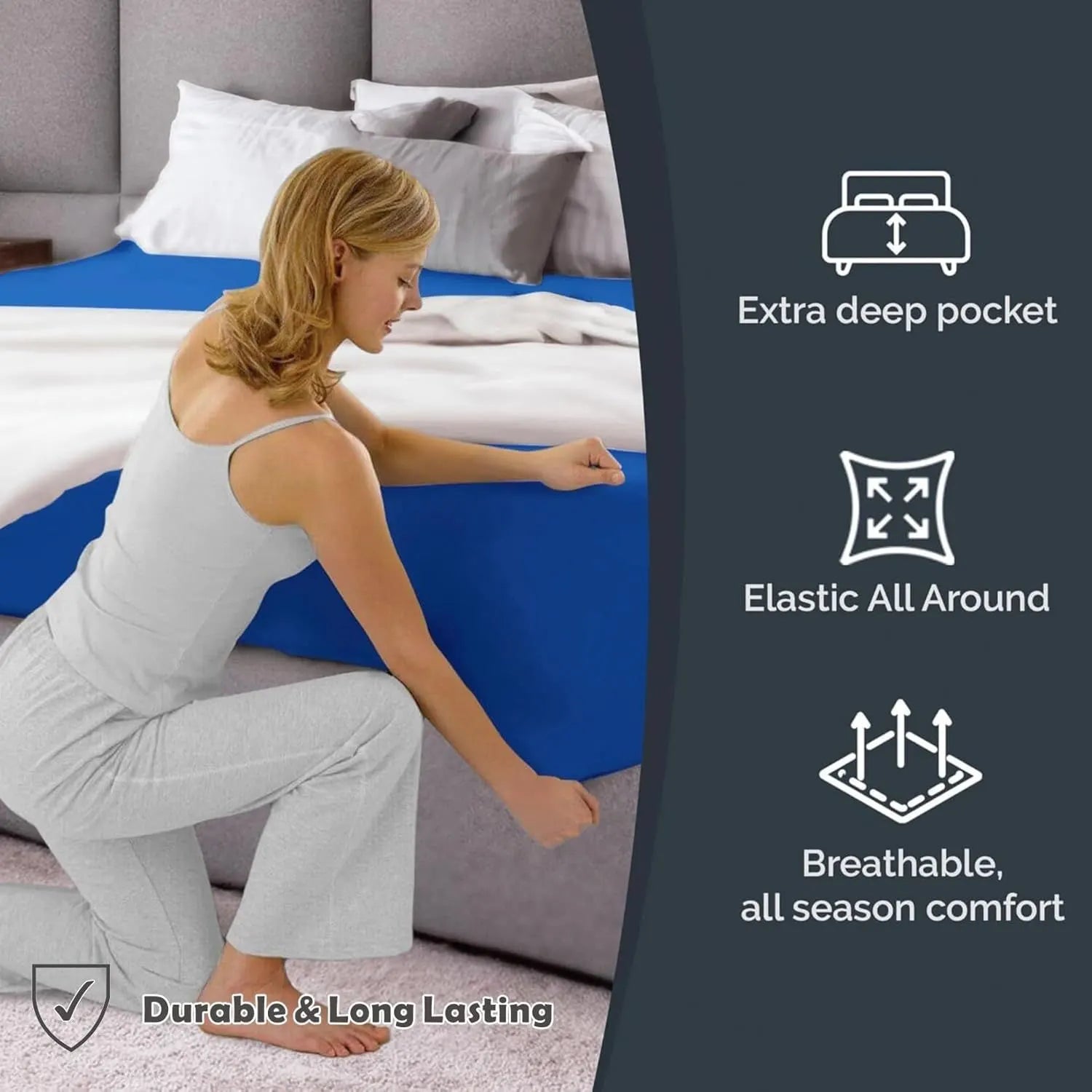 Hotel Quality Fitted Sheet - 1 Piece Fitted Sheet  -Breathable Bedding - Wrinkle, Fade, Stain Resistant- 16inch/40cm Deep Pocket Fitted Bed Sheet-Wrinkle and Fade Resistant,(Royal blue,Super King) - Image 2