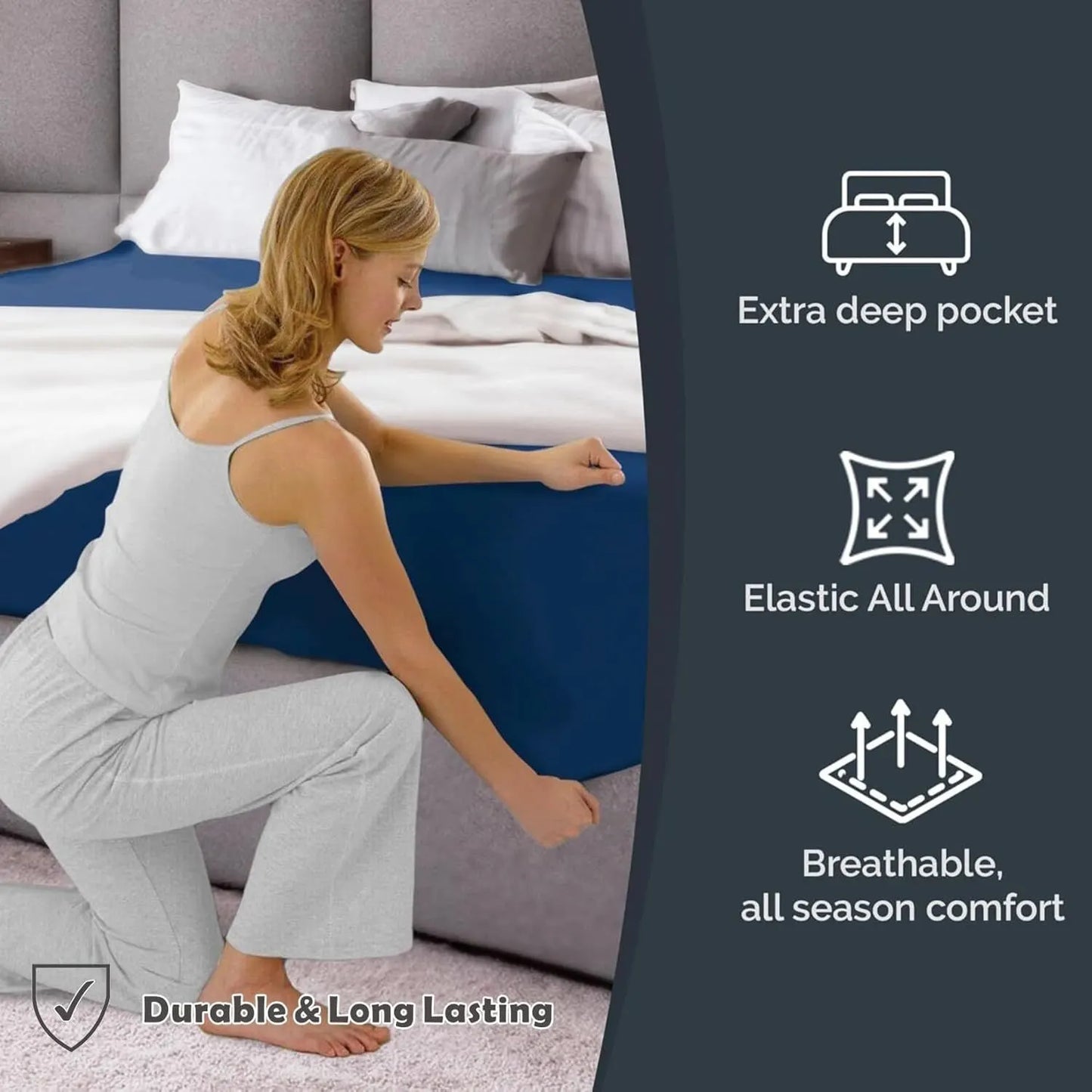 Hotel Quality Fitted Sheet - 1 Piece Fitted Sheet  -Breathable Bedding - Wrinkle, Fade, Stain Resistant- 16inch/40cm Deep Pocket Fitted Bed Sheet-Wrinkle and Fade Resistant,(Navy,Super King) - Image 4