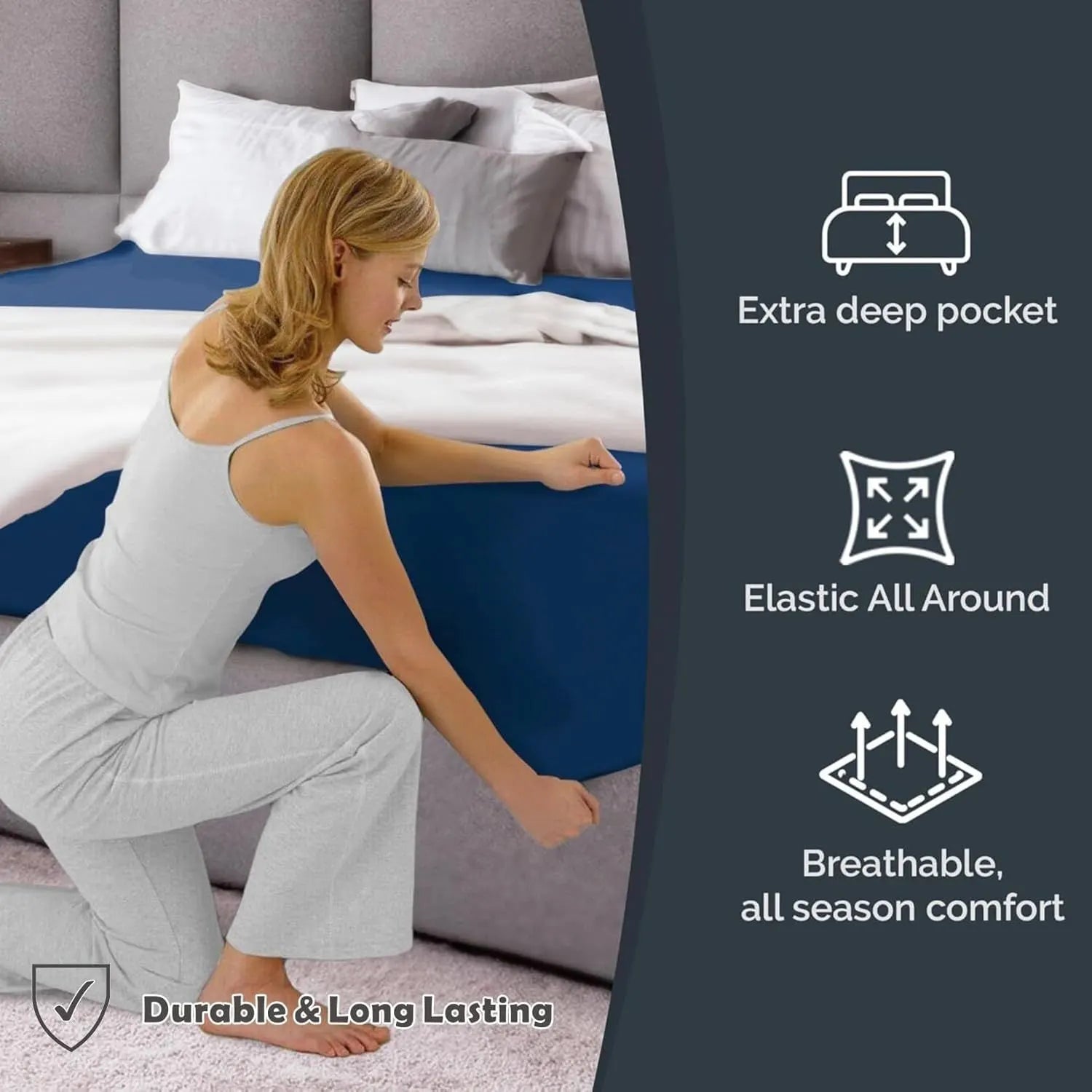 Hotel Quality Fitted Sheet - 1 Piece Fitted Sheet  -Breathable Bedding - Wrinkle, Fade, Stain Resistant- 16inch/40cm Deep Pocket Fitted Bed Sheet-Wrinkle and Fade Resistant,(Navy,Super King) - Image 4