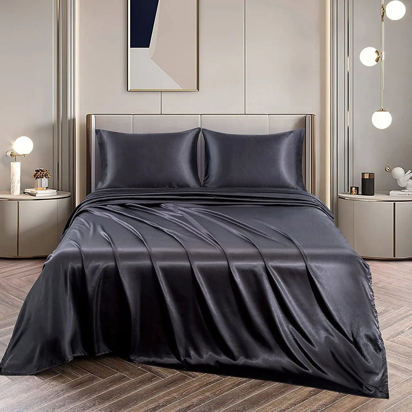 Art Silk Satin Sheet Set Hotel 4 Pieces Fitted/Flat Sheet Bedding Set-Luxury Soft Silky Sheets for Hair and Skin, Similar to Silk Bed Sheets Set 4 Pieces(Double,Black)