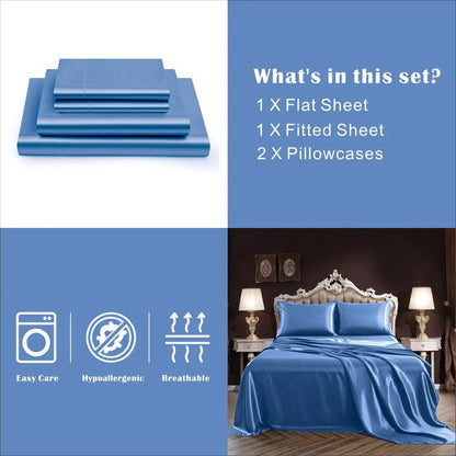 Art Silk Satin Sheet Set Hotel 4 Pieces Fitted/Flat Sheet Bedding Set-Luxury Soft Silky Sheets for Hair and Skin, Similar to Silk Bed Sheets Set 4 Pieces(Double,Ocean) - Image 5