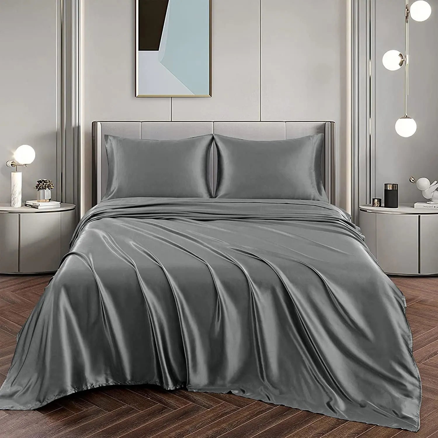 Art Silk Satin Sheet Set Hotel 4 Pieces Fitted/Flat Sheet Bedding Set-Luxury Soft Silky Sheets for Hair and Skin, Similar to Silk Bed Sheets Set 4 Pieces(Double,Grey)