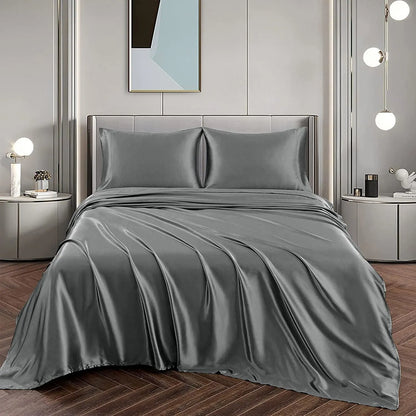 Art Silk Satin Sheet Set Hotel 4 Pieces Fitted/Flat Sheet Bedding Set-Luxury Soft Silky Sheets for Hair and Skin, Similar to Silk Bed Sheets Set 4 Pieces(Double,Grey)