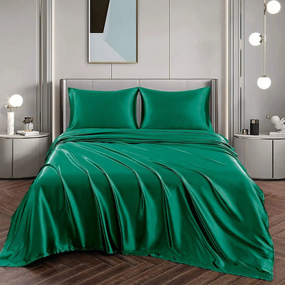 Art Silk Satin Sheet Set Hotel 4 Pieces Fitted/Flat Sheet Bedding Set-Luxury Soft Silky Sheets for Hair and Skin, Similar to Silk Bed Sheets Set 4 Pieces(Double,Green)