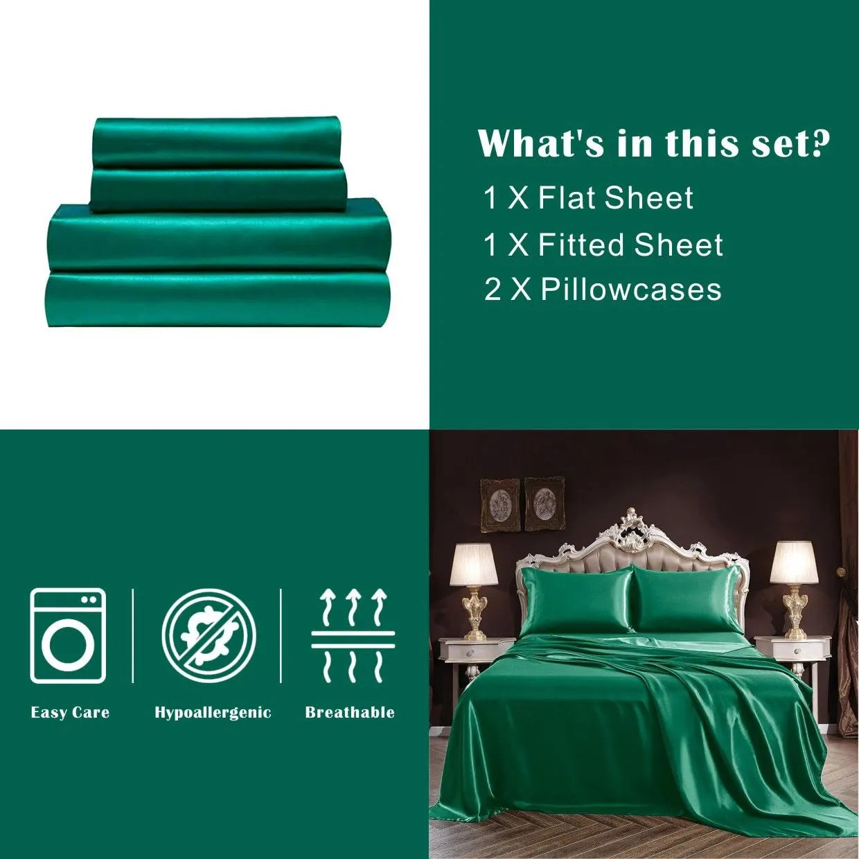 Art Silk Satin Sheet Set Hotel 4 Pieces Fitted/Flat Sheet Bedding Set-Luxury Soft Silky Sheets for Hair and Skin, Similar to Silk Bed Sheets Set 4 Pieces(Double,Green) - Image 5