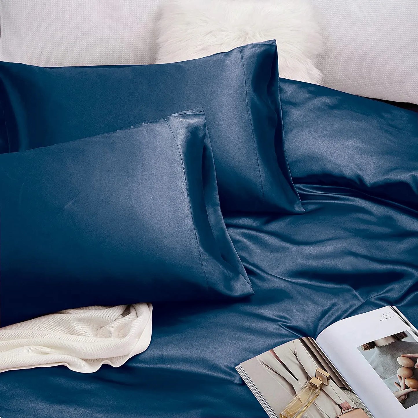 Art Silk Satin Sheet Set Hotel 4 Pieces Fitted/Flat Sheet Bedding Set-Luxury Soft Silky Sheets for Hair and Skin, Similar to Silk Bed Sheets Set 4 Pieces(Double,Navy) - Image 5