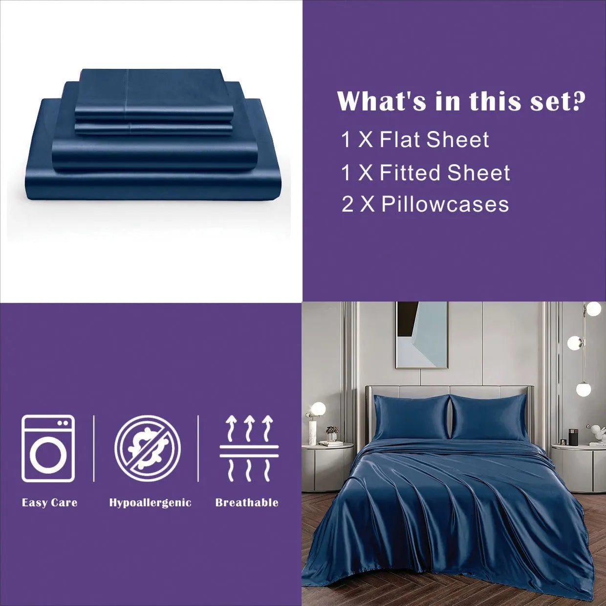 Art Silk Satin Sheet Set Hotel 4 Pieces Fitted/Flat Sheet Bedding Set-Luxury Soft Silky Sheets for Hair and Skin, Similar to Silk Bed Sheets Set 4 Pieces(Double,Navy) - Image 6