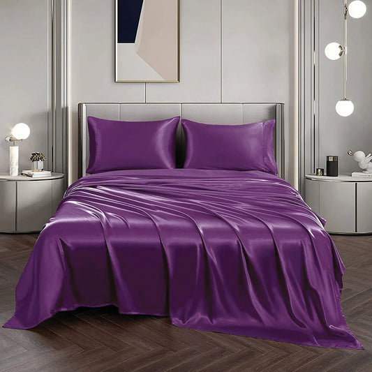 Art Silk Satin Sheet Set Hotel 4 Pieces Fitted/Flat Sheet Bedding Set-Luxury Soft Silky Sheets for Hair and Skin, Similar to Silk Bed Sheets Set 4 Pieces(Double,Purple)