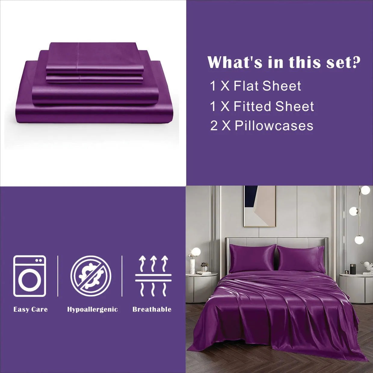 Art Silk Satin Sheet Set Hotel 4 Pieces Fitted/Flat Sheet Bedding Set-Luxury Soft Silky Sheets for Hair and Skin, Similar to Silk Bed Sheets Set 4 Pieces(Double,Purple) - Image 5