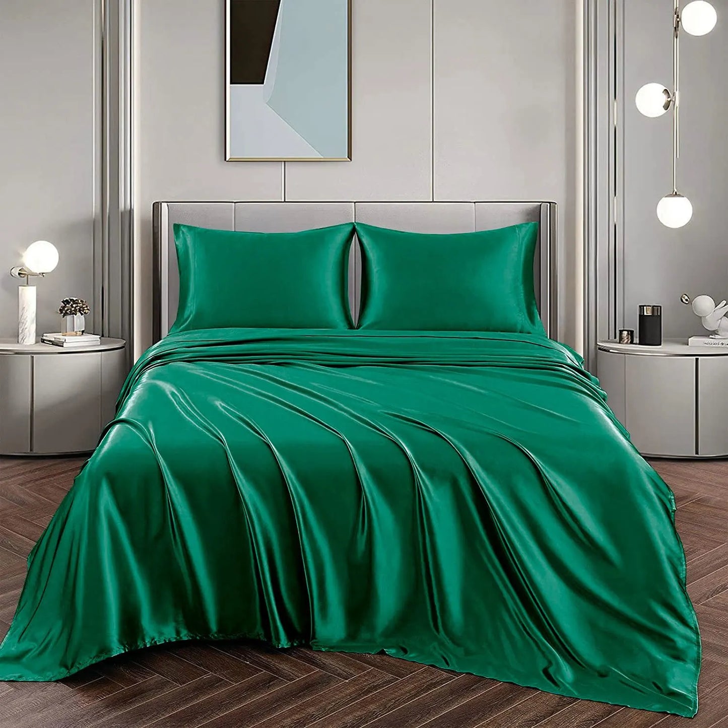 Art Silk Satin Sheet Set Hotel 4 Pieces Fitted/Flat Sheet Bedding Set-Luxury Soft Silky Sheets for Hair and Skin, Similar to Silk Bed Sheets Set 4 Pieces(King,Green)