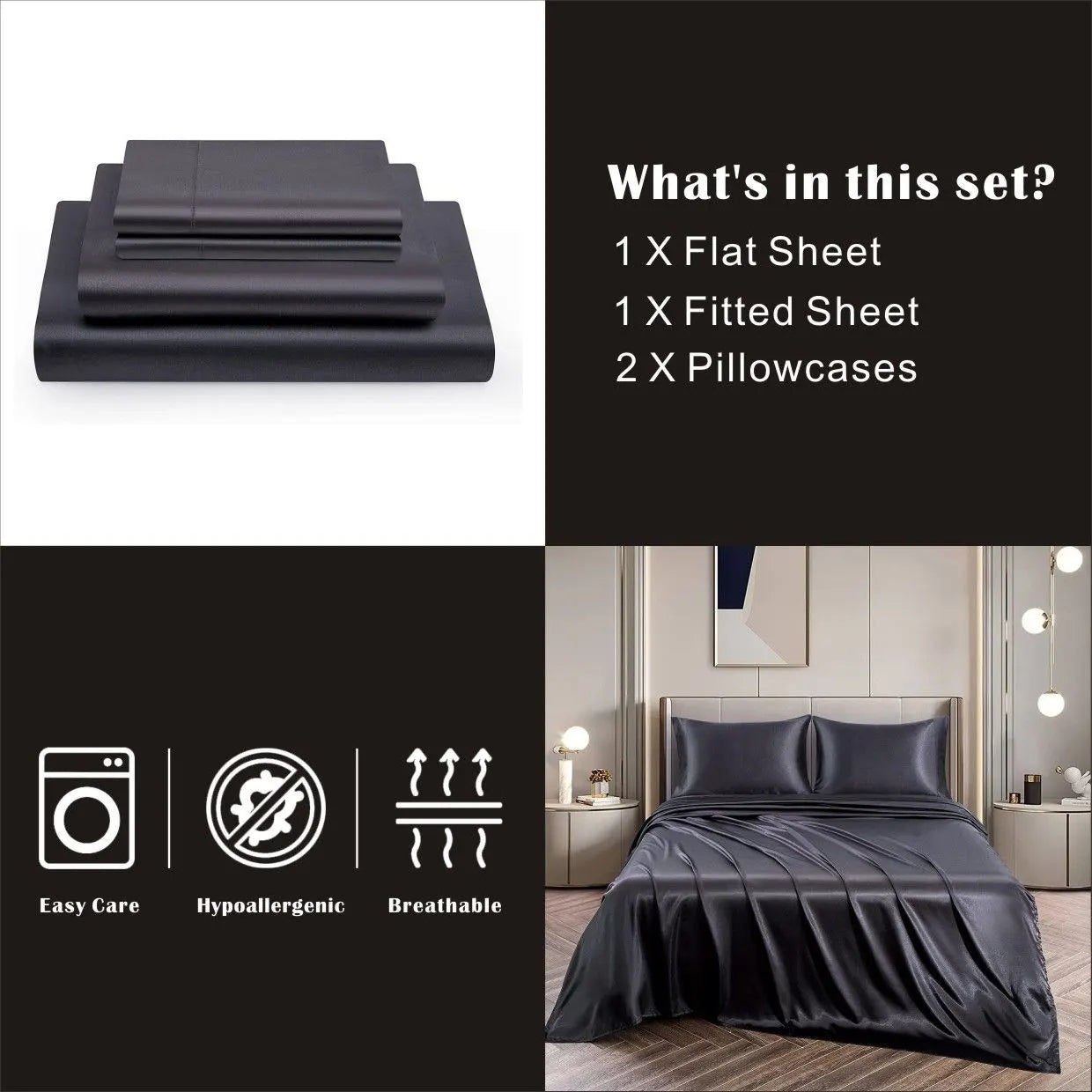 Art Silk Satin Sheet Set Hotel 3 Pieces Fitted/Flat Sheet Bedding Set-Luxury Soft Silky Sheets for Hair and Skin, Similar to Silk Bed Sheets Set 3 Pieces(King Single,Black) - Image 5