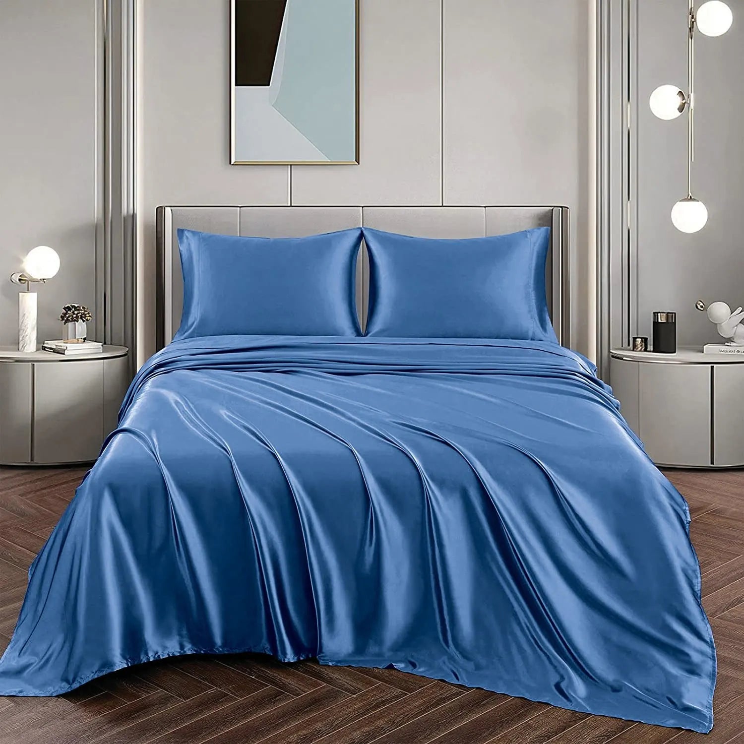 Art Silk Satin Sheet Set Hotel 4 Pieces Fitted/Flat Sheet Bedding Set-Luxury Soft Silky Sheets for Hair and Skin, Similar to Silk Bed Sheets Set 4 Pieces(Queen,Ocean)