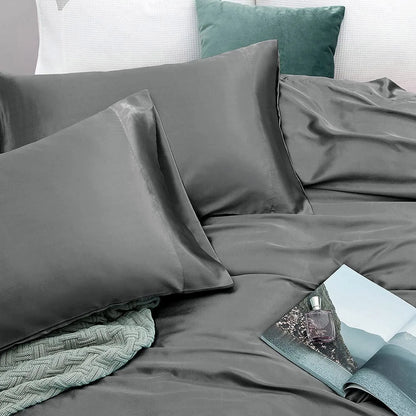 Art Silk Satin Sheet Set Hotel 4 Pieces Fitted/Flat Sheet Bedding Set-Luxury Soft Silky Sheets for Hair and Skin, Similar to Silk Bed Sheets Set 4 Pieces(Queen,Grey) - Image 5