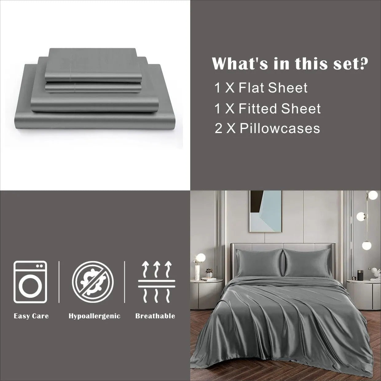 Art Silk Satin Sheet Set Hotel 4 Pieces Fitted/Flat Sheet Bedding Set-Luxury Soft Silky Sheets for Hair and Skin, Similar to Silk Bed Sheets Set 4 Pieces(Queen,Grey) - Image 6