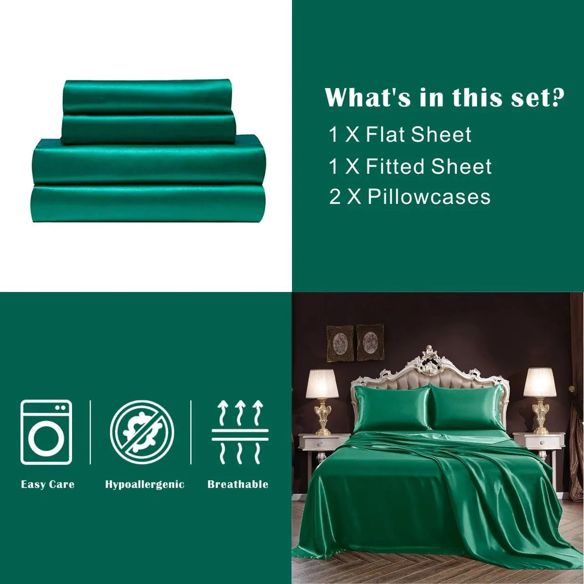 Art Silk Satin Sheet Set Hotel 4 Pieces Fitted/Flat Sheet Bedding Set-Luxury Soft Silky Sheets for Hair and Skin, Similar to Silk Bed Sheets Set 4 Pieces(Queen,Green) - Image 5