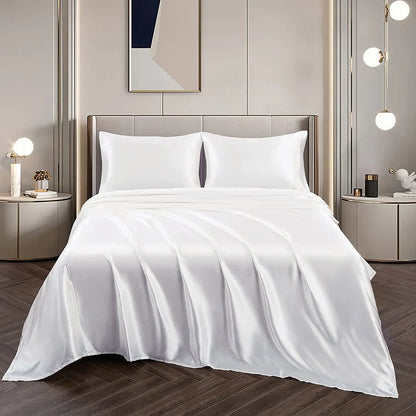 Art Silk Satin Sheet Set Hotel 4 Pieces Fitted/Flat Sheet Bedding Set-Luxury Soft Silky Sheets for Hair and Skin, Similar to Silk Bed Sheets Set 4 Pieces(Super King,White)