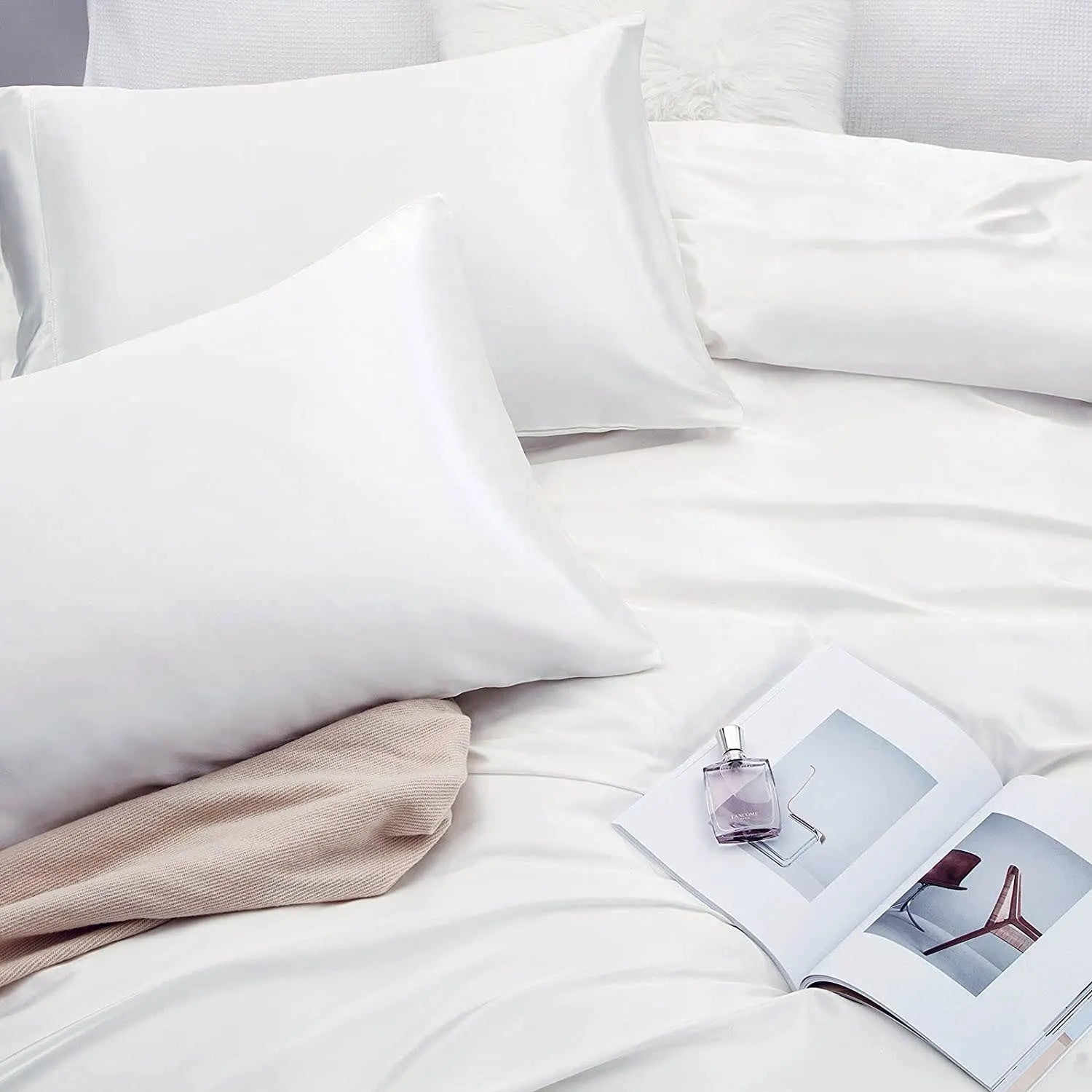 Art Silk Satin Sheet Set Hotel 4 Pieces Fitted/Flat Sheet Bedding Set-Luxury Soft Silky Sheets for Hair and Skin, Similar to Silk Bed Sheets Set 4 Pieces(Super King,White) - Image 5