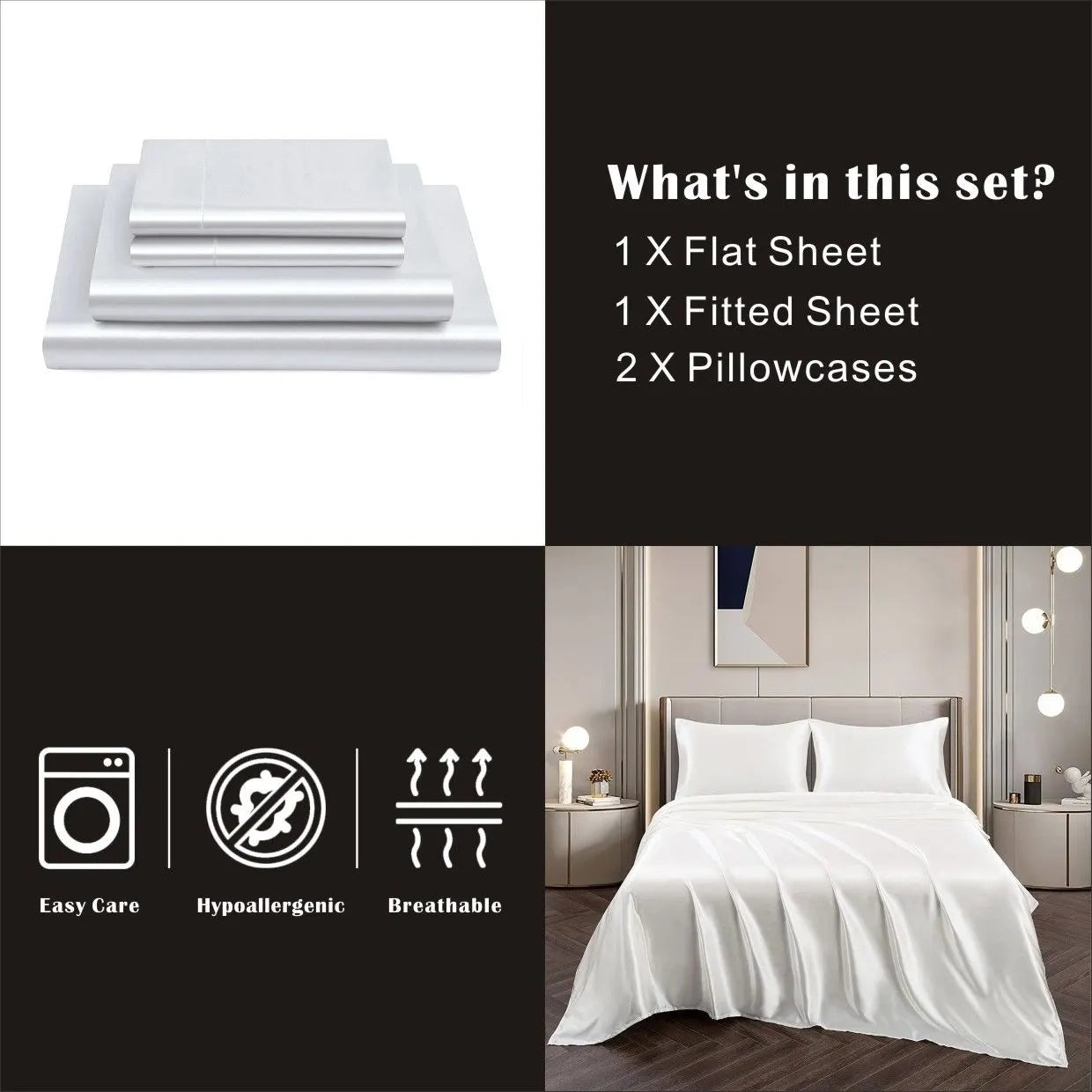Art Silk Satin Sheet Set Hotel 4 Pieces Fitted/Flat Sheet Bedding Set-Luxury Soft Silky Sheets for Hair and Skin, Similar to Silk Bed Sheets Set 4 Pieces(Super King,White) - Image 6