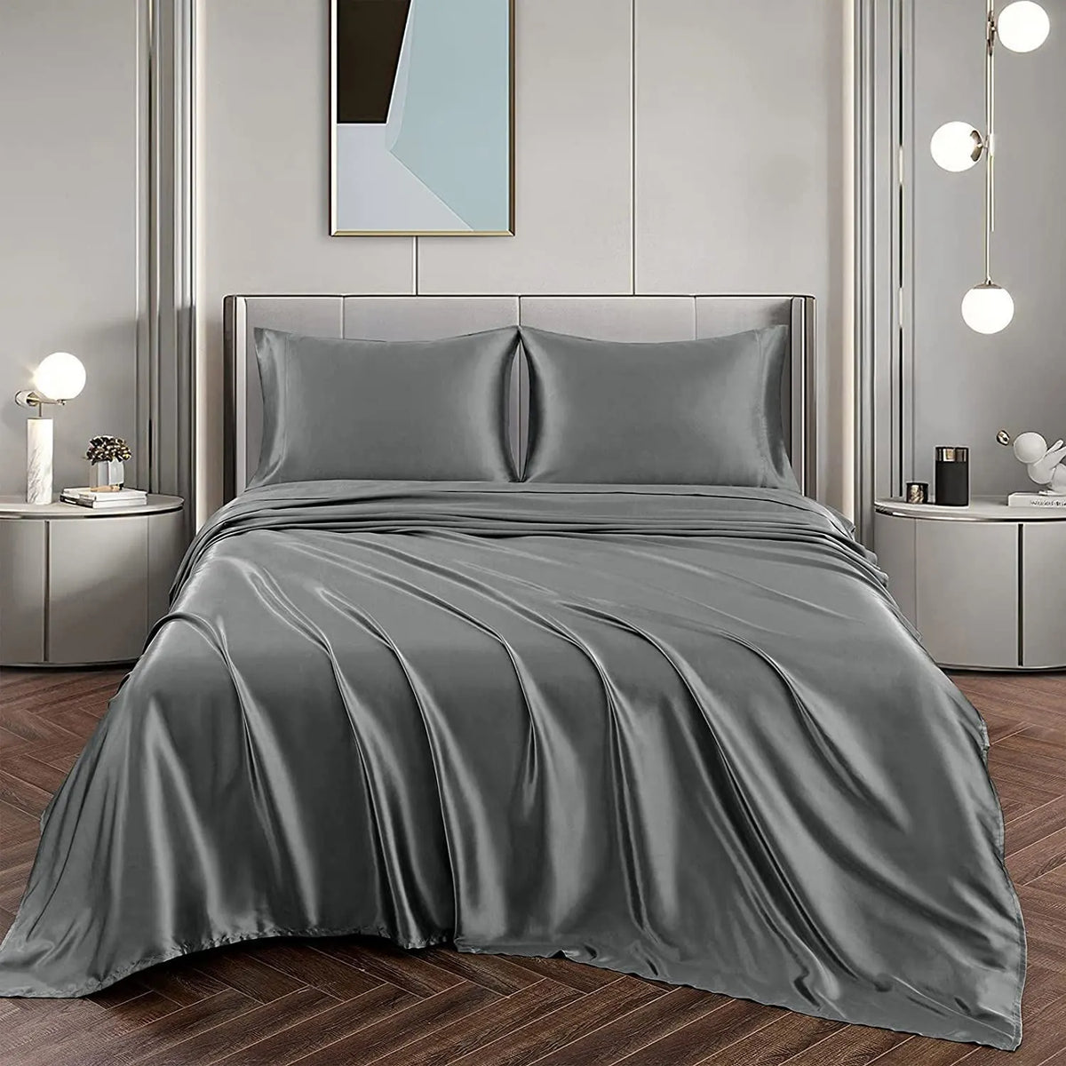 Art Silk Satin Sheet Set Hotel 4 Pieces Fitted/Flat Sheet Bedding Set-Luxury Soft Silky Sheets for Hair and Skin, Similar to Silk Bed Sheets Set 4 Pieces(Super King,Grey)