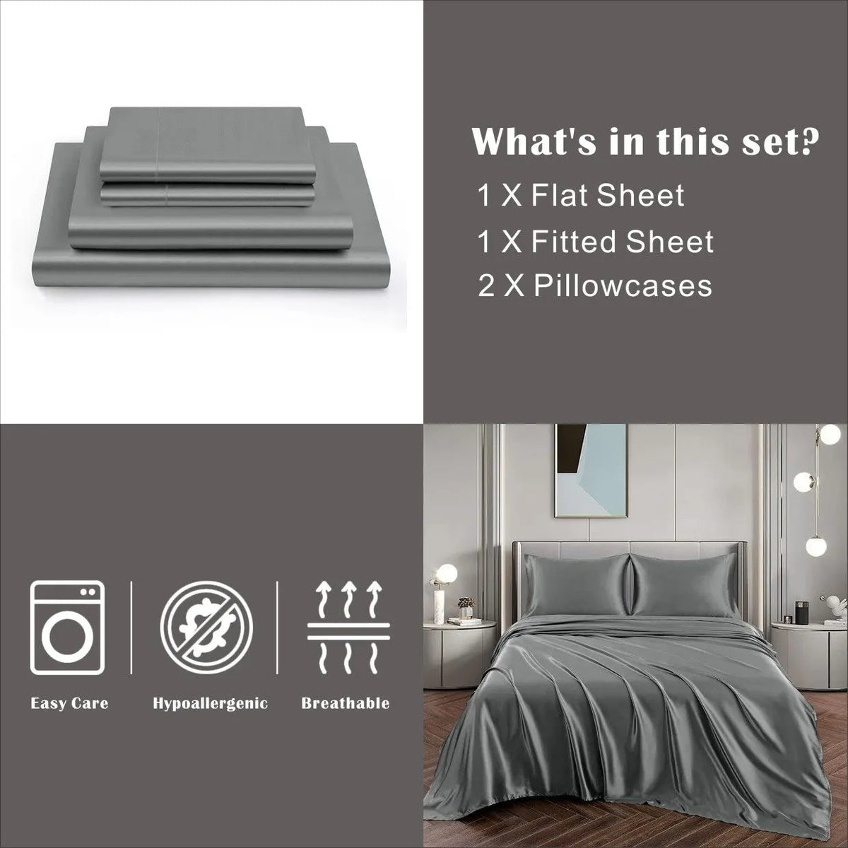 Art Silk Satin Sheet Set Hotel 4 Pieces Fitted/Flat Sheet Bedding Set-Luxury Soft Silky Sheets for Hair and Skin, Similar to Silk Bed Sheets Set 4 Pieces(Super King,Grey) - Image 6