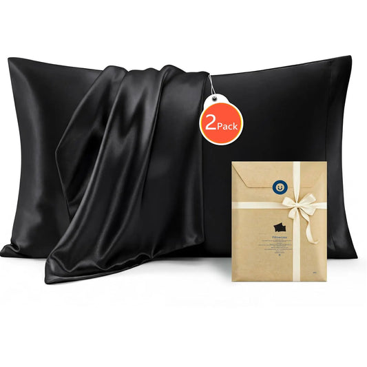 Silk Pillowcase for Hair and Skin Mulberry Silk Pillowcase Soft Breathable Smooth Both Sided Natural Silk Pillowcase with Envelope pocket Beauty Sleep Silk Pillow Case for Gift (2 Pack, Standard, Black)
