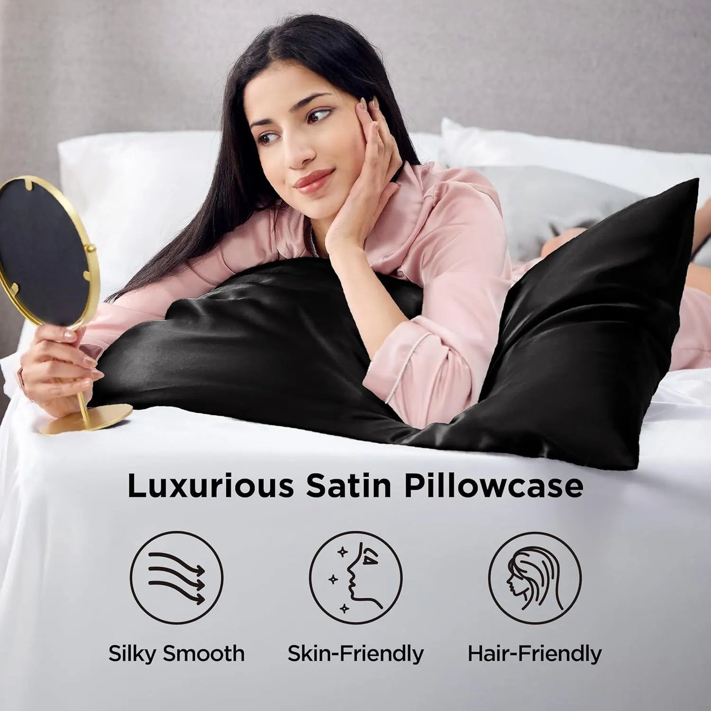 Silk Pillowcase for Hair and Skin Mulberry Silk Pillowcase Soft Breathable Smooth Both Sided Natural Silk Pillowcase with Envelope pocket Beauty Sleep Silk Pillow Case for Gift (2 Pack, Standard, Black) - Image 2