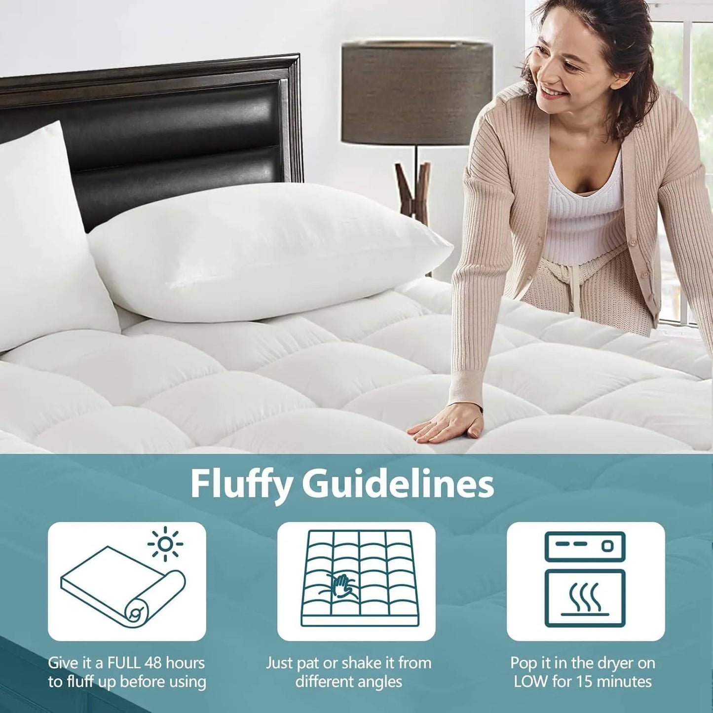 1000GSM Mattress Topper Viscose Derived from Bamboo, Thick Pillowtop Fitted Mattress Cover with 45cm Deep Skirt - Machine Washable Hypoallergenic(Double,white) - Image 2