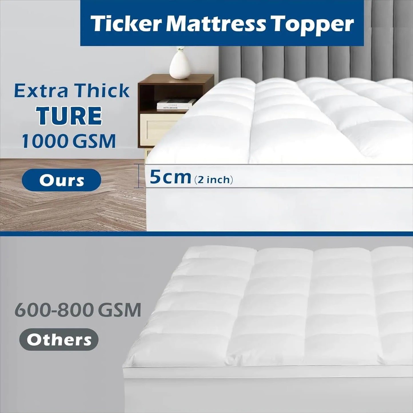 1000GSM Mattress Topper Viscose Derived from Bamboo, Thick Pillowtop Fitted Mattress Cover with 45cm Deep Skirt - Machine Washable Hypoallergenic(Double,white) - Image 3