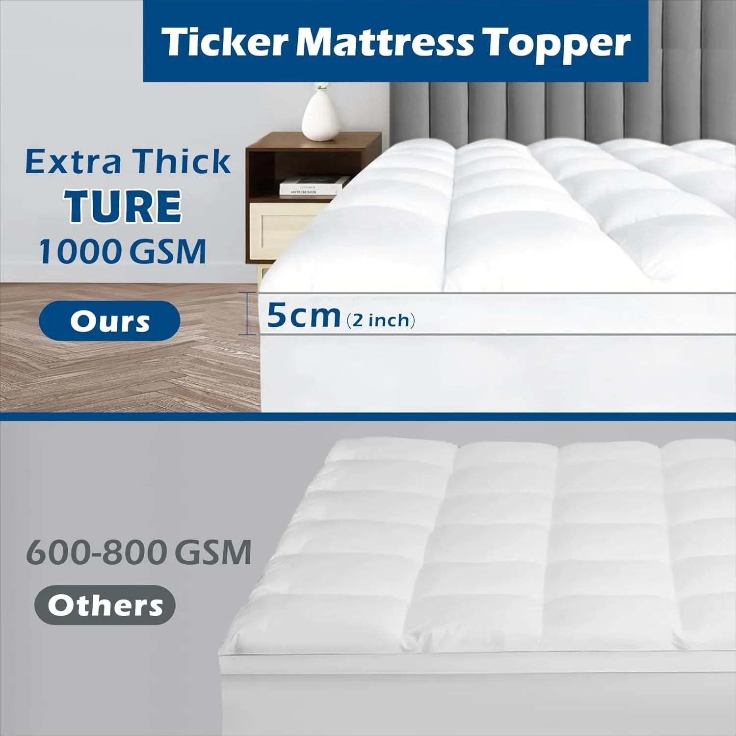 1000GSM Mattress Topper Viscose Derived from Bamboo, Thick Pillowtop Fitted Mattress Cover with 45cm Deep Skirt - Machine Washable Hypoallergenic(Double,white) - Image 3