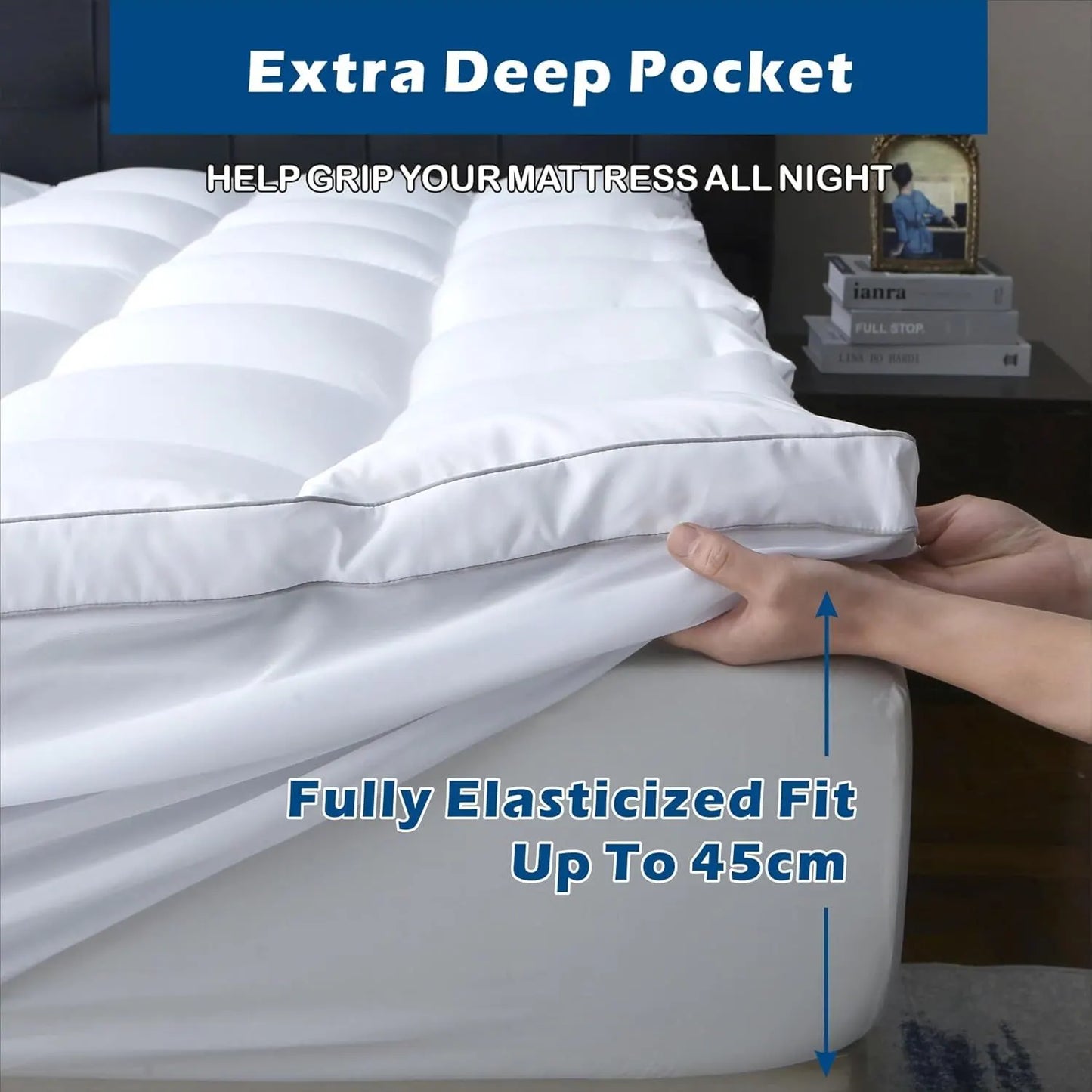 1000GSM Mattress Topper Viscose Derived from Bamboo, Thick Pillowtop Fitted Mattress Cover with 45cm Deep Skirt - Machine Washable Hypoallergenic(Double,white) - Image 8