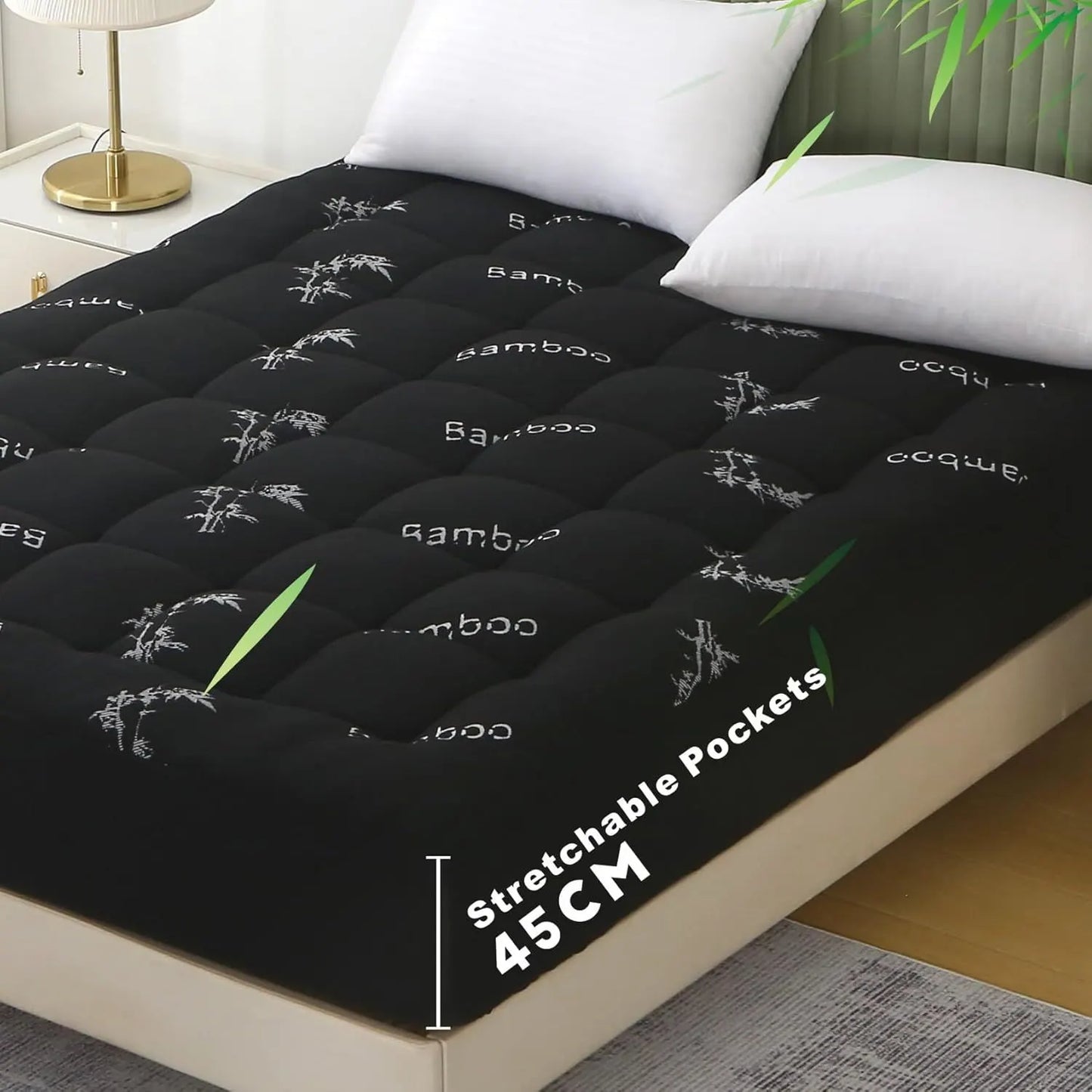 800GSM Mattress Topper Viscose Derived from Bamboo, Thick Pillowtop Fitted Mattress Cover with 45cm Deep Skirt - Machine Washable Hypoallergenic(King,Black)