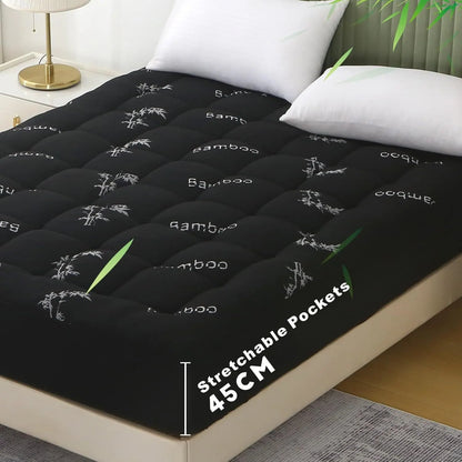 800GSM Mattress Topper Viscose Derived from Bamboo, Thick Pillowtop Fitted Mattress Cover with 45cm Deep Skirt - Machine Washable Hypoallergenic（Single,Black）