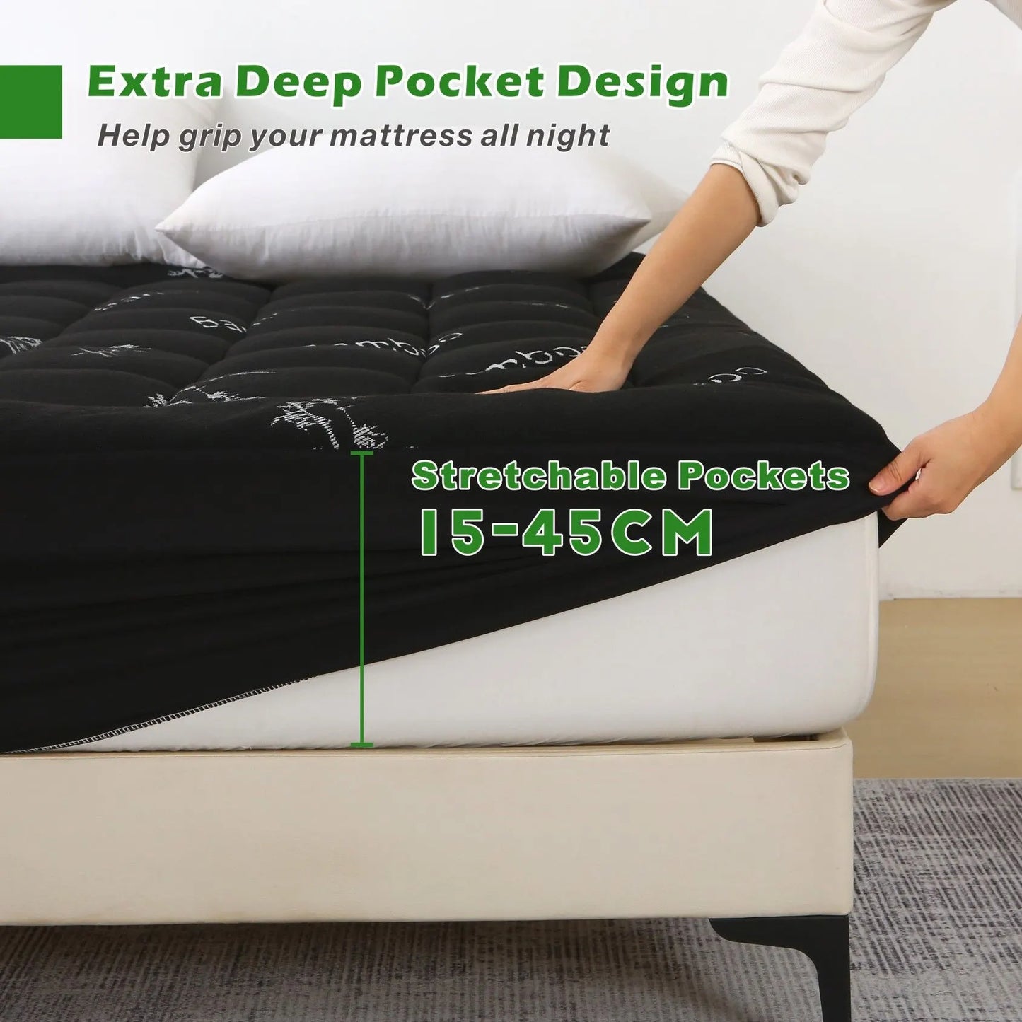 800GSM Mattress Topper Viscose Derived from Bamboo, Thick Pillowtop Fitted Mattress Cover with 45cm Deep Skirt - Machine Washable Hypoallergenic（Single,Black） - Image 2