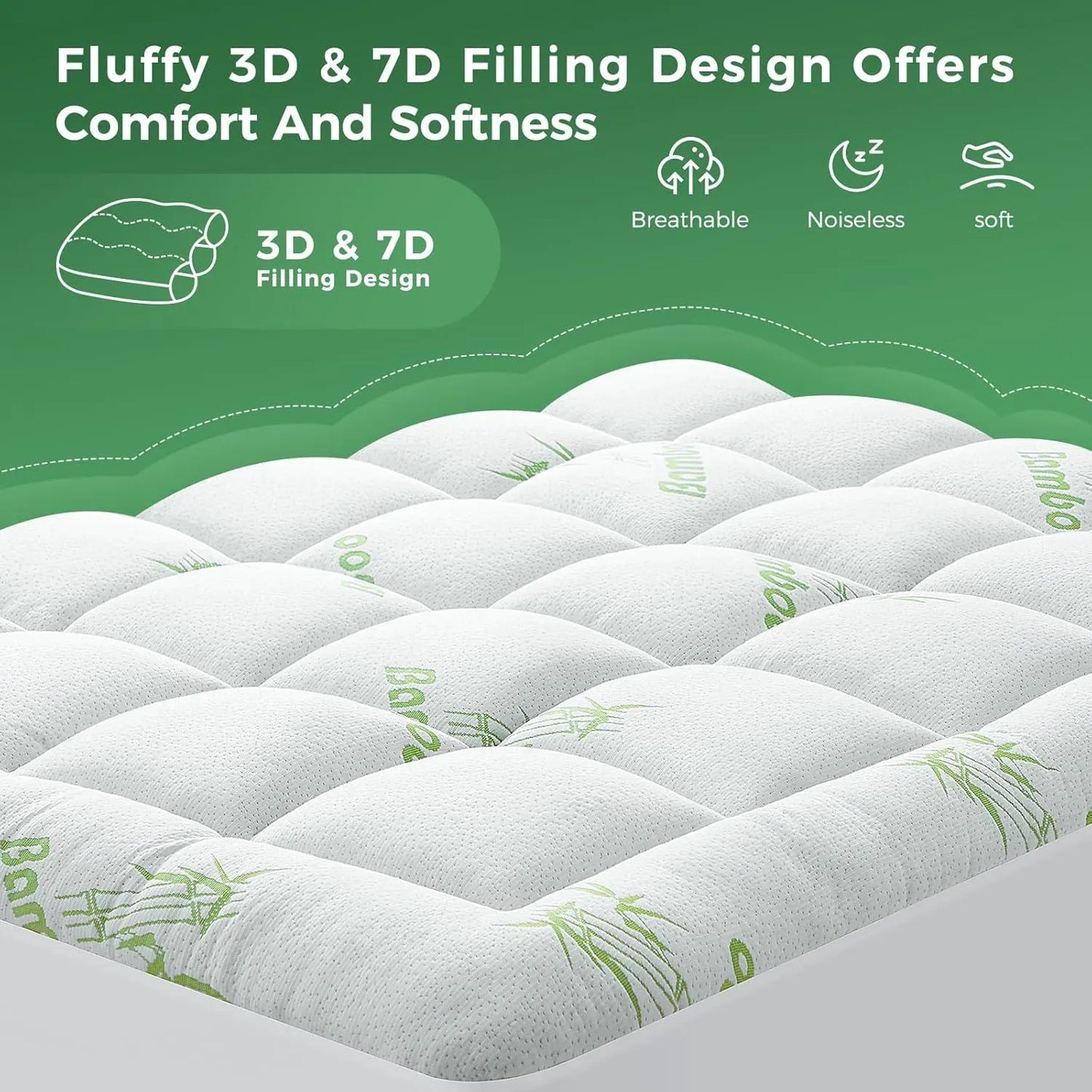 800GSM Mattress Topper Viscose Derived from Bamboo, Thick Pillowtop Fitted Mattress Cover with 45cm Deep Skirt - Machine Washable Hypoallergenic（Single,Green） - Image 5