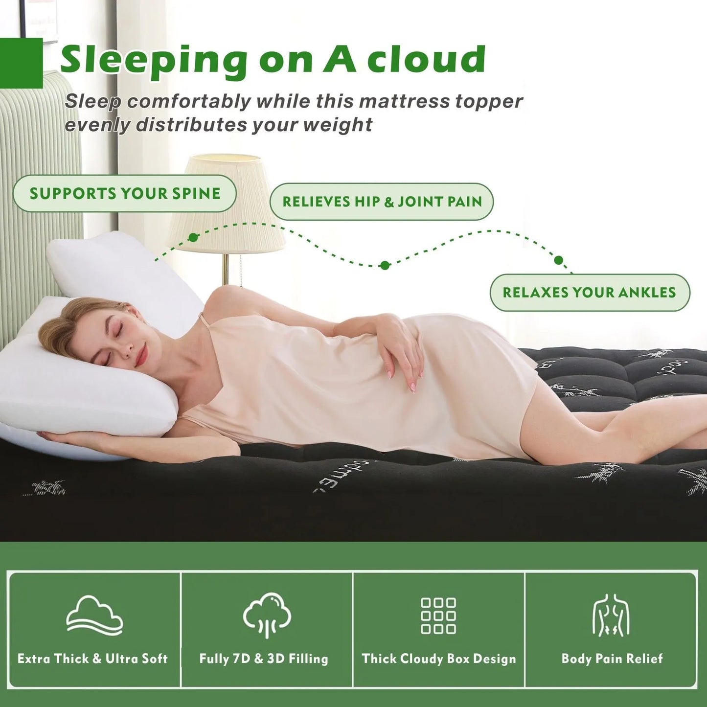 800GSM Mattress Topper Viscose Derived from Bamboo, Thick Pillowtop Fitted Mattress Cover with 45cm Deep Skirt - Machine Washable Hypoallergenic(Super King,Black) - Image 5