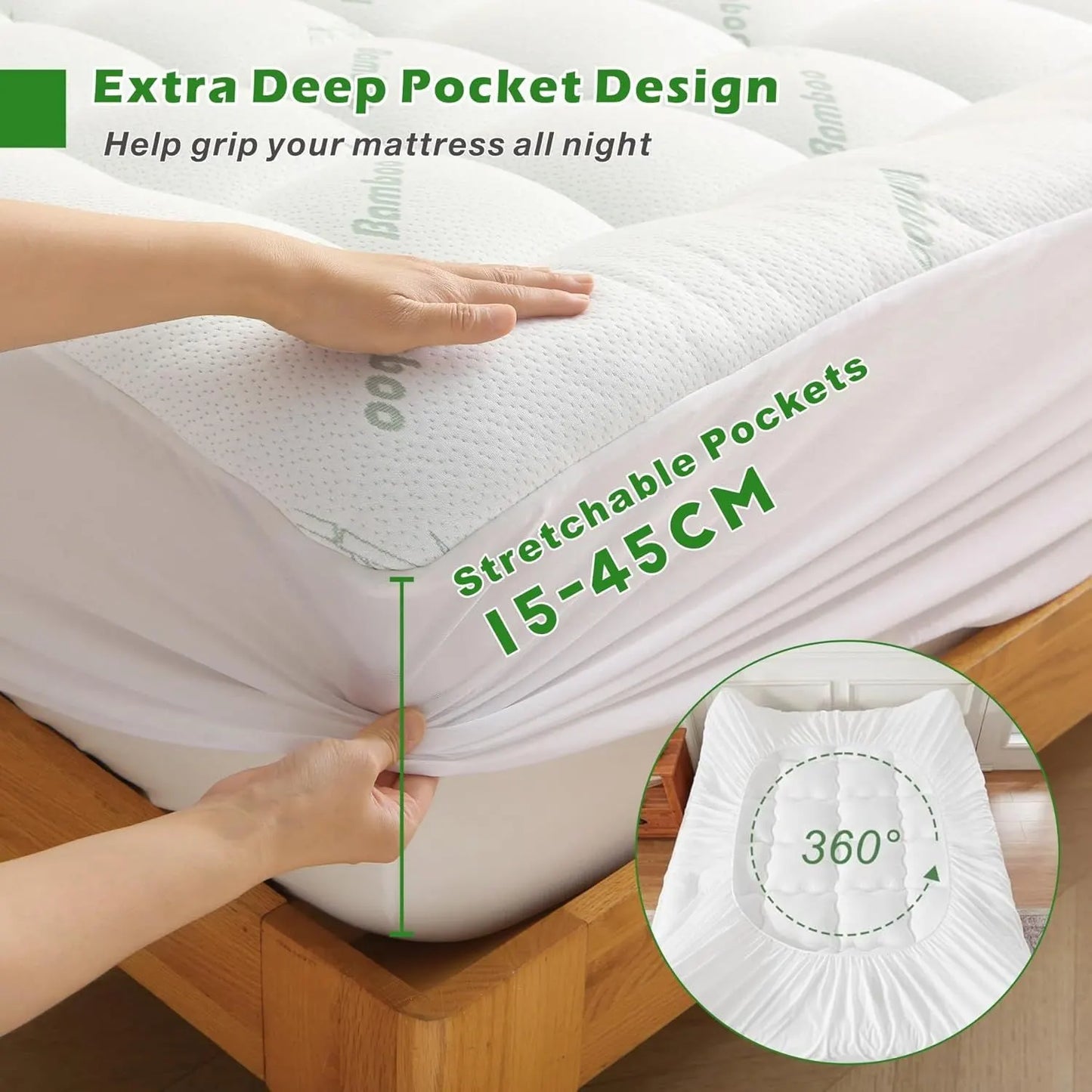 800GSM Mattress Topper Viscose Derived from Bamboo, Thick Pillowtop Fitted Mattress Cover with 45cm Deep Skirt - Machine Washable Hypoallergenic(Super King,Green) - Image 2