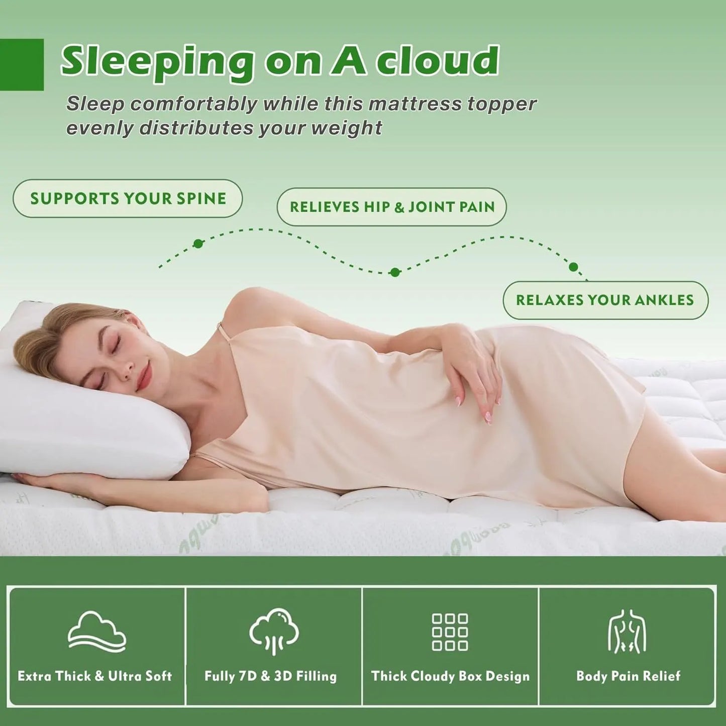 800GSM Mattress Topper Viscose Derived from Bamboo, Thick Pillowtop Fitted Mattress Cover with 45cm Deep Skirt - Machine Washable Hypoallergenic(Super King,Green) - Image 3