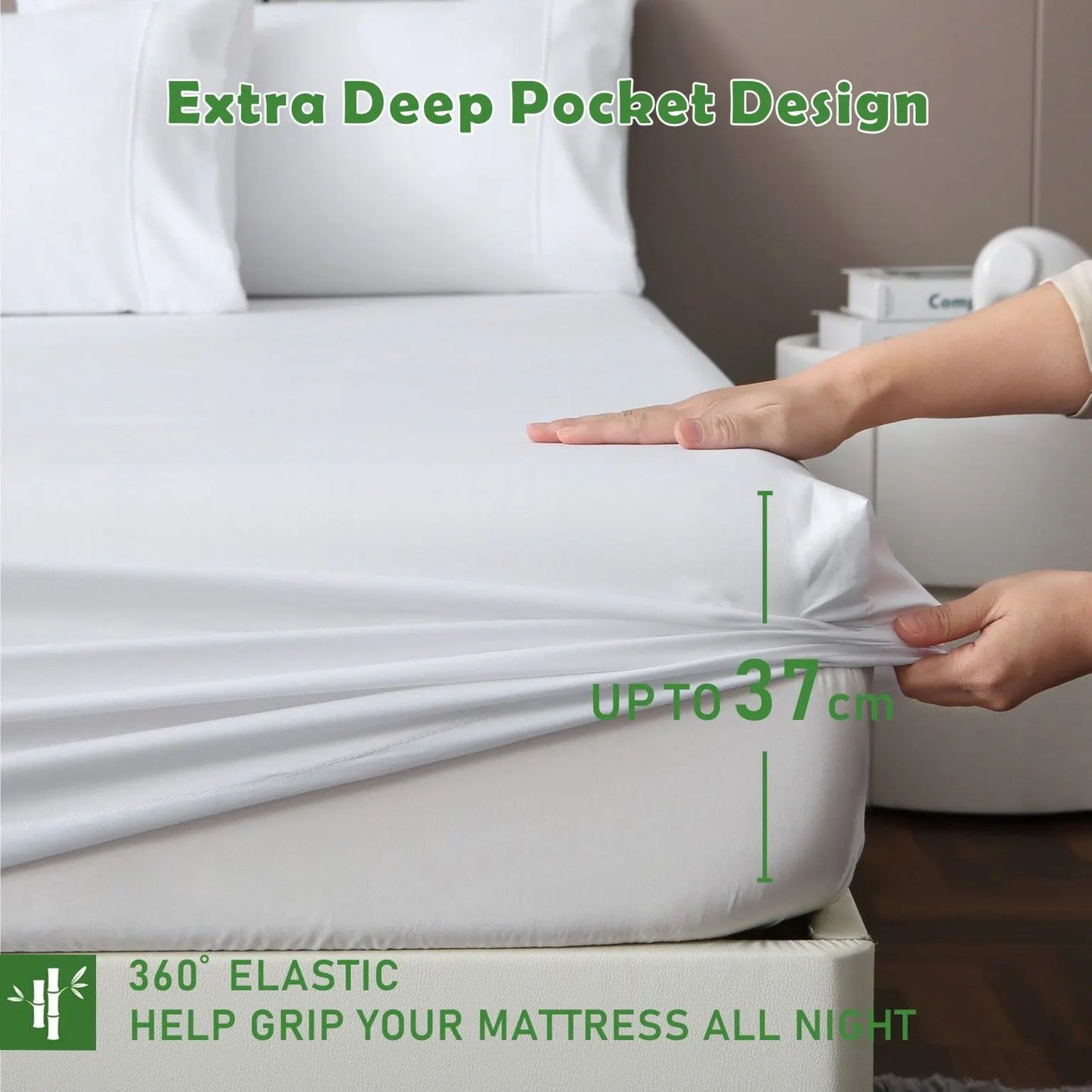 3 Piece Hotel Bamboo Cooling Fitted Sheet Set & Pillowcase -Ultra Soft 2000TC Breathable Fitted Bed Sheets Set with 37 Centimetre Deep Pocket-Cooling Sheets for Hot Sleepers(White,Double) - Image 2