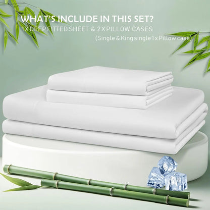 3 Piece Hotel Bamboo Cooling Fitted Sheet Set & Pillowcase -Ultra Soft 2000TC Breathable Fitted Bed Sheets Set with 37 Centimetre Deep Pocket-Cooling Sheets for Hot Sleepers(White,Double) - Image 7
