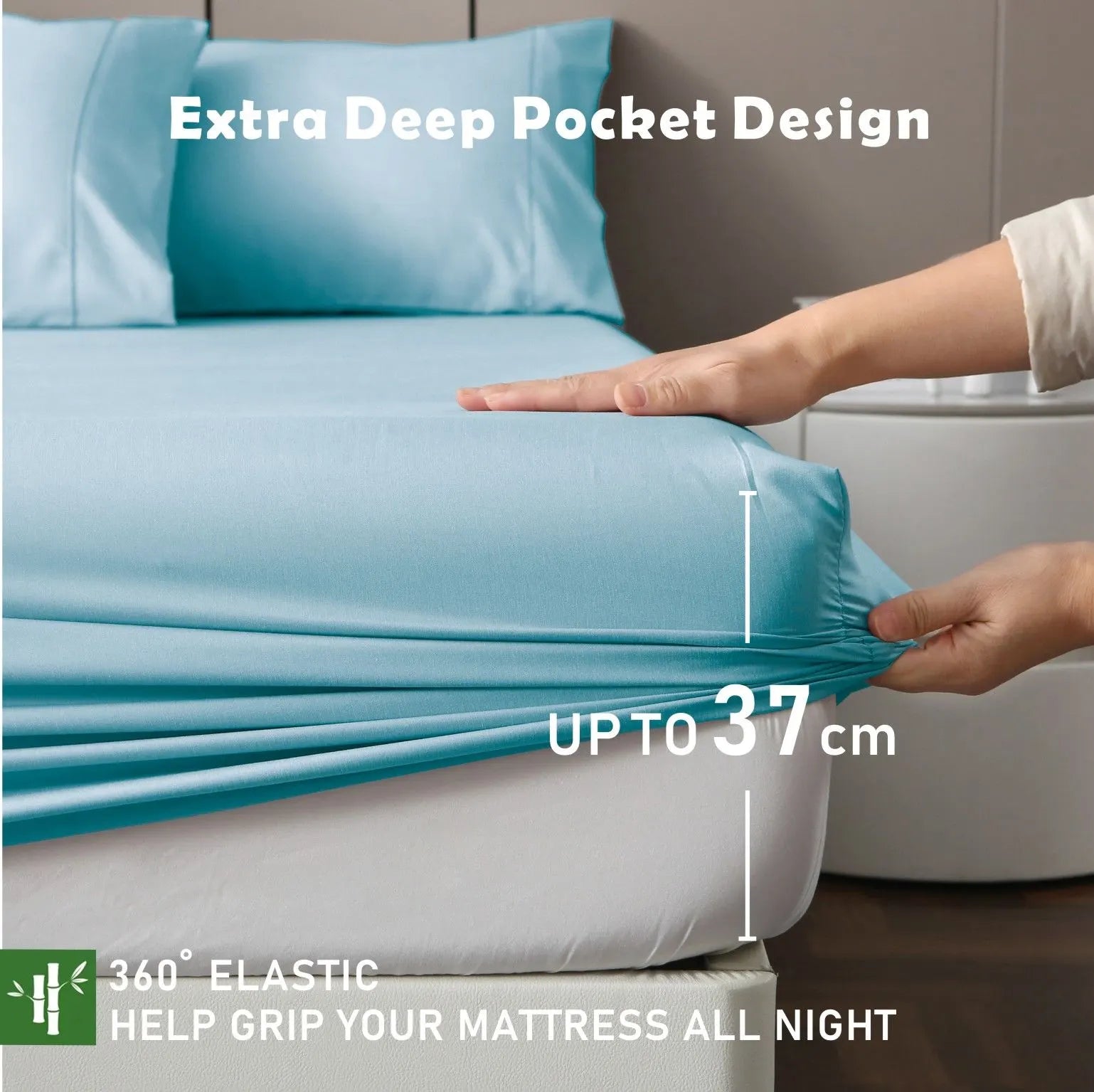 3 Piece Hotel Bamboo Cooling Fitted Sheet Set & Pillowcase -Ultra Soft 2000TC Breathable Fitted Bed Sheets Set with 37 Centimetre Deep Pocket-Cooling Sheets for Hot Sleepers(Sky Blue,Double) - Image 5