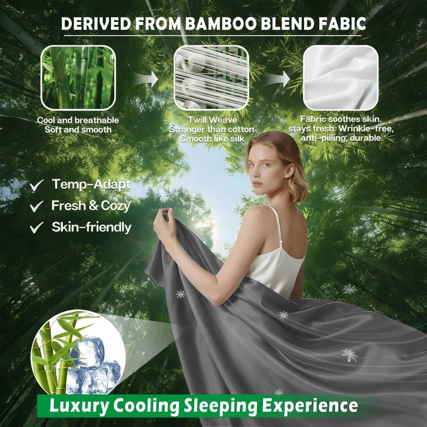 4 Piece Hotel Bamboo Cooling Sheet Set -Ultra Soft 2000TC Breathable Bed Sheets Set with 37 Centimetre Deep Pocket-Cooling Sheets for Hot Sleepers(Grey,Double) - Image 3