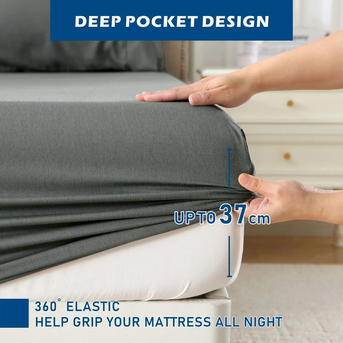 4 Piece Hotel Bamboo Cooling Sheet Set -Ultra Soft 2000TC Breathable Bed Sheets Set with 37 Centimetre Deep Pocket-Cooling Sheets for Hot Sleepers(Grey,Double) - Image 4