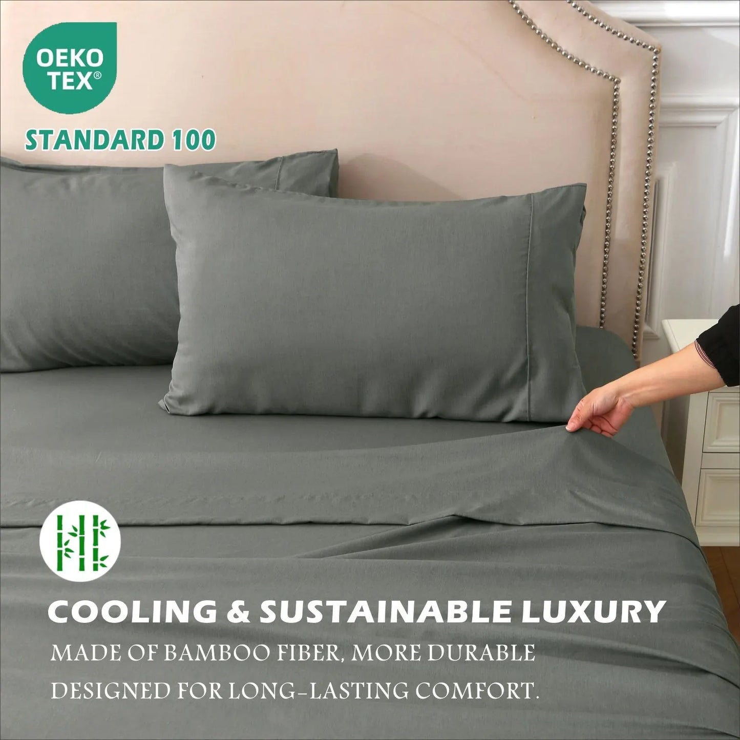 4 Piece Hotel Bamboo Cooling Sheet Set -Ultra Soft 2000TC Breathable Bed Sheets Set with 37 Centimetre Deep Pocket-Cooling Sheets for Hot Sleepers(Grey,Double) - Image 6