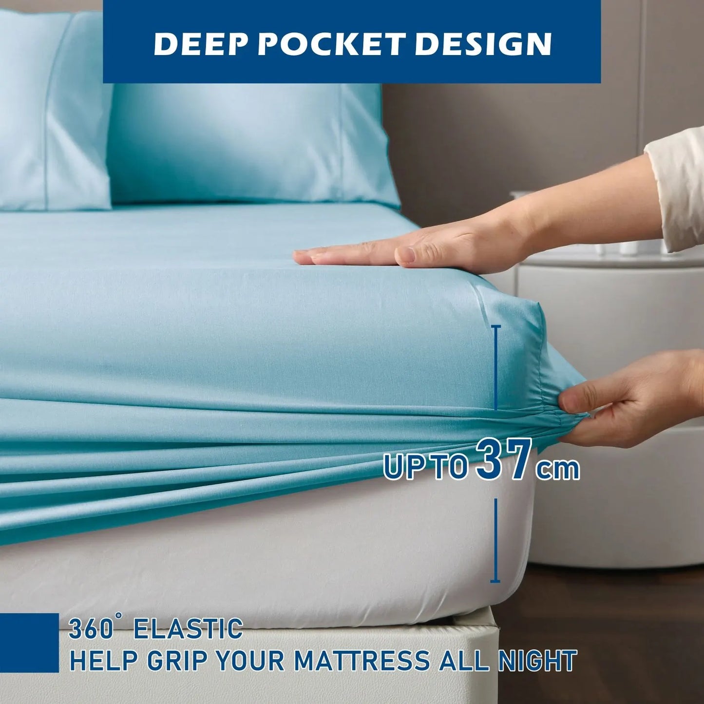 4 Piece Hotel Bamboo Cooling Sheet Set -Ultra Soft 2000TC Breathable Bed Sheets Set with 37 Centimetre Deep Pocket-Cooling Sheets for Hot Sleepers(Sky Blue,Double) - Image 4