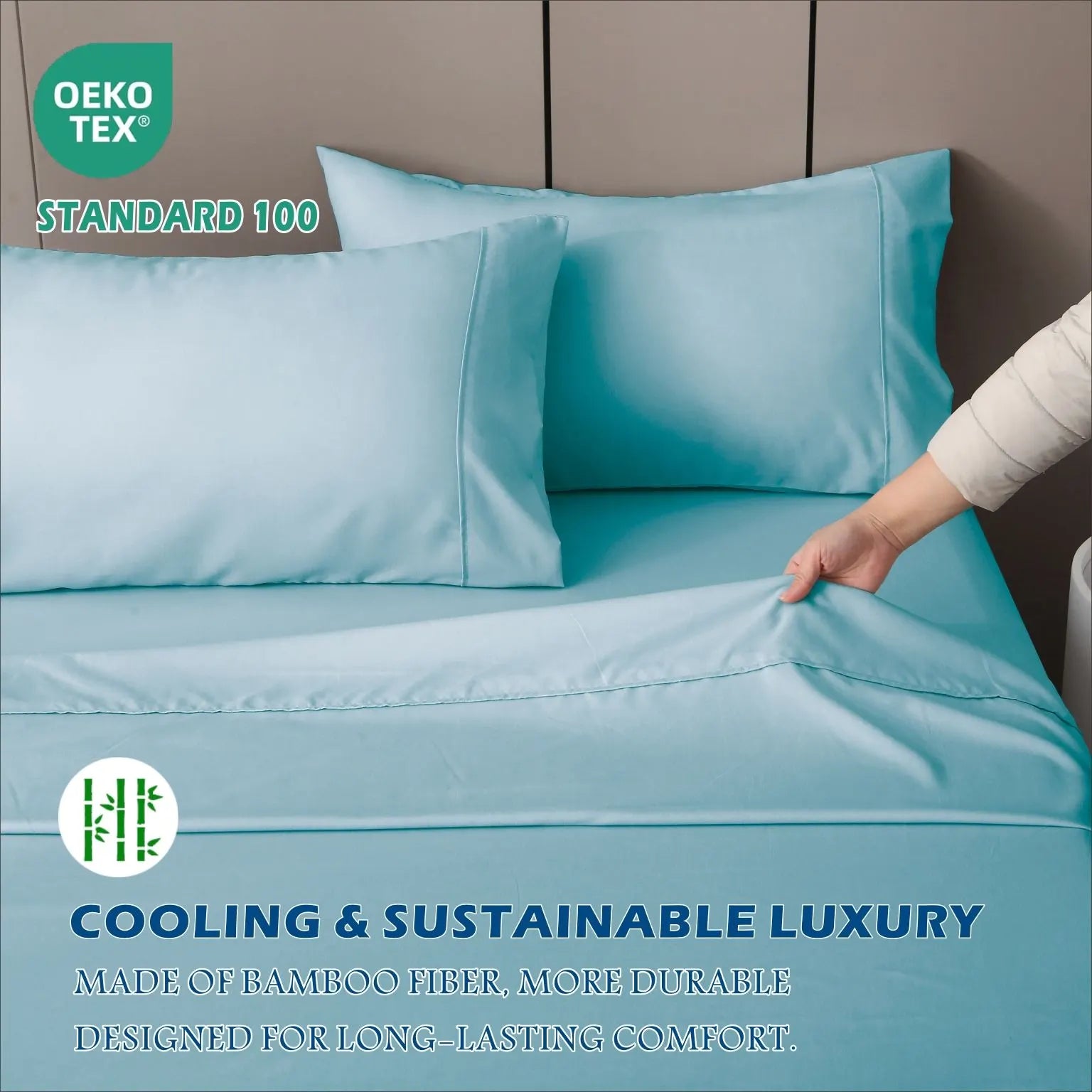 4 Piece Hotel Bamboo Cooling Sheet Set -Ultra Soft 2000TC Breathable Bed Sheets Set with 37 Centimetre Deep Pocket-Cooling Sheets for Hot Sleepers(Sky Blue,Double) - Image 6