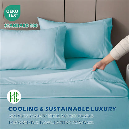 4 Piece Hotel Bamboo Cooling Sheet Set -Ultra Soft 2000TC Breathable Bed Sheets Set with 37 Centimetre Deep Pocket-Cooling Sheets for Hot Sleepers(Sky Blue,Double) - Image 6