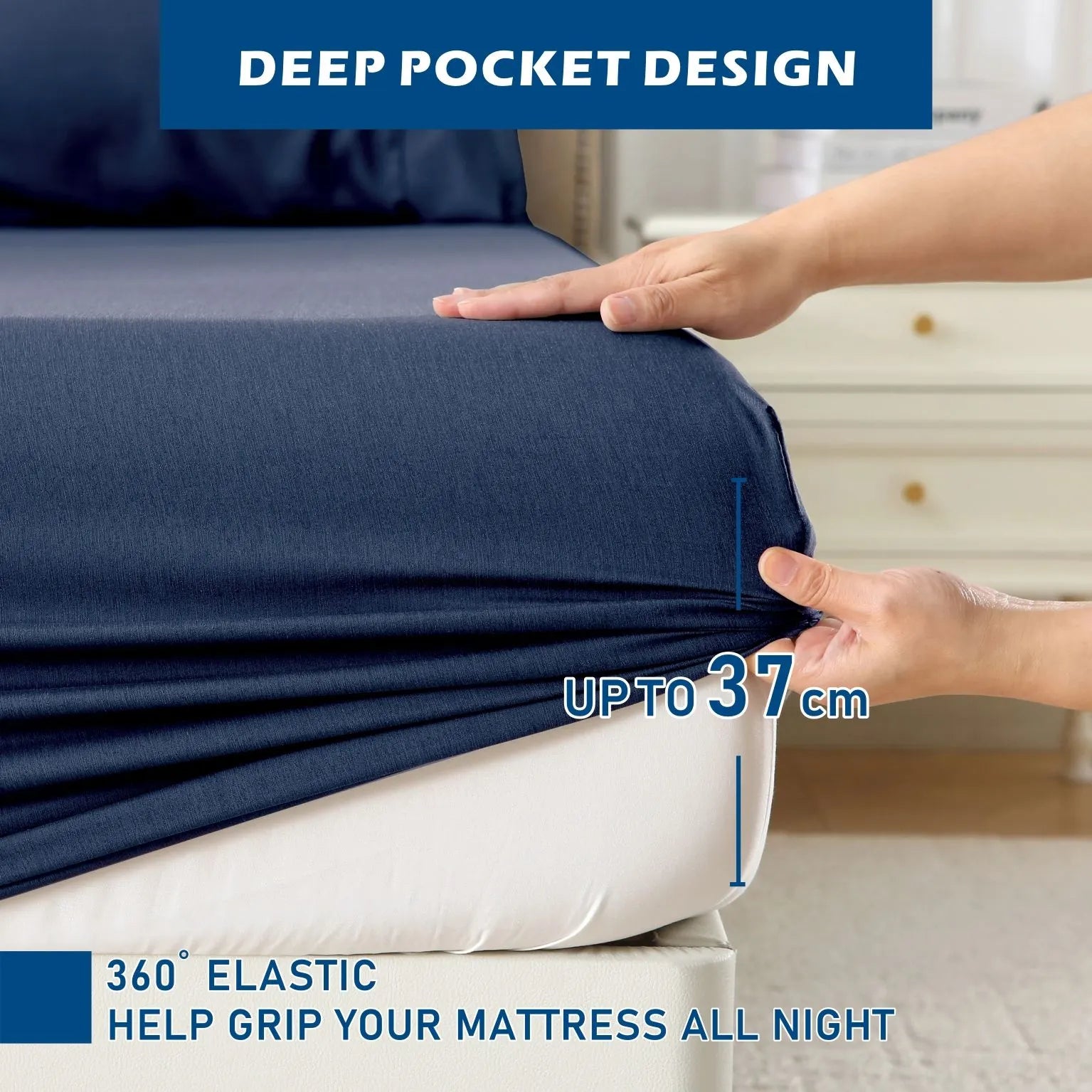 4 Piece Hotel Bamboo Cooling Sheet Set -Ultra Soft 2000TC Breathable Bed Sheets Set with 37 Centimetre Deep Pocket-Cooling Sheets for Hot Sleepers(Navy,King) - Image 4